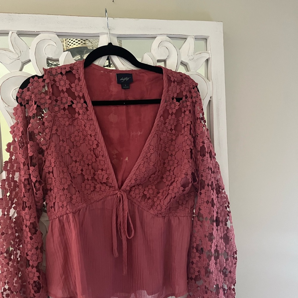 Pink Lace Tie Front Blouse with V-Neck